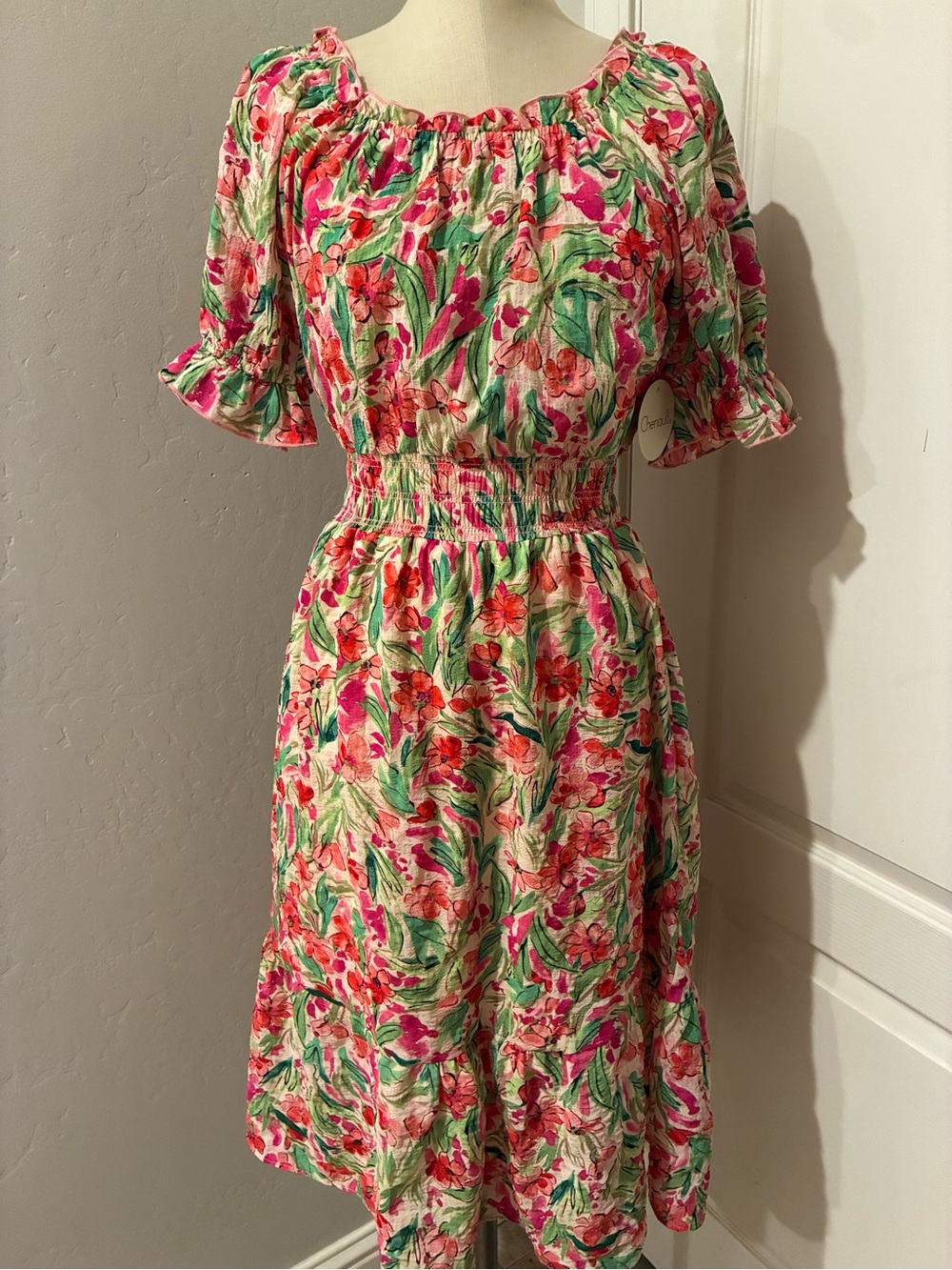 Chenault Floral Off-Shoulder Smocked Midi Dress - Pink & Green size M #tiered